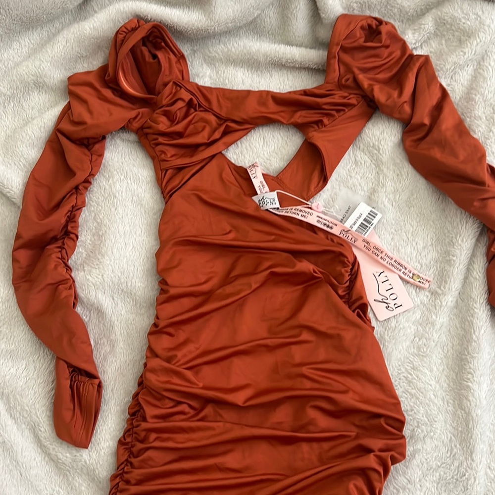 Oh Polly LONG SLEEVE CUT OUT MINI DRESS IN RUST
